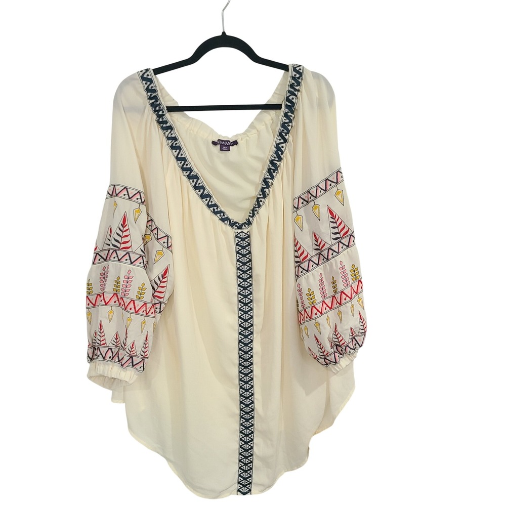 Roamans Cream Embroidered Peasant Blouse Top 28W Boho Scoop Neck